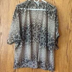 Studio Y Sheer Tribal Print Kimono Cardigan Boho Festival Layer Pom Pom Trim Sm